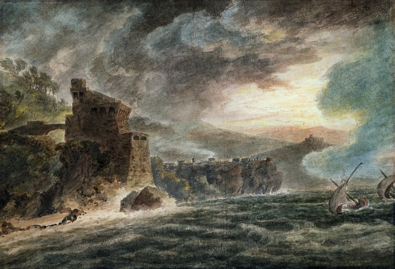 Perto de Cetara, com Vietri e o Castelo de Salerno à distância de John Robert Cozens