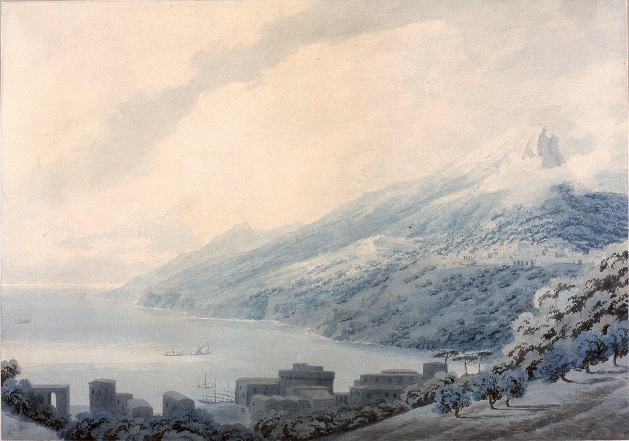 O Golfo de Salerno - Raito de Vietri (lápis e aquarela sobre papel) de John Robert Cozens