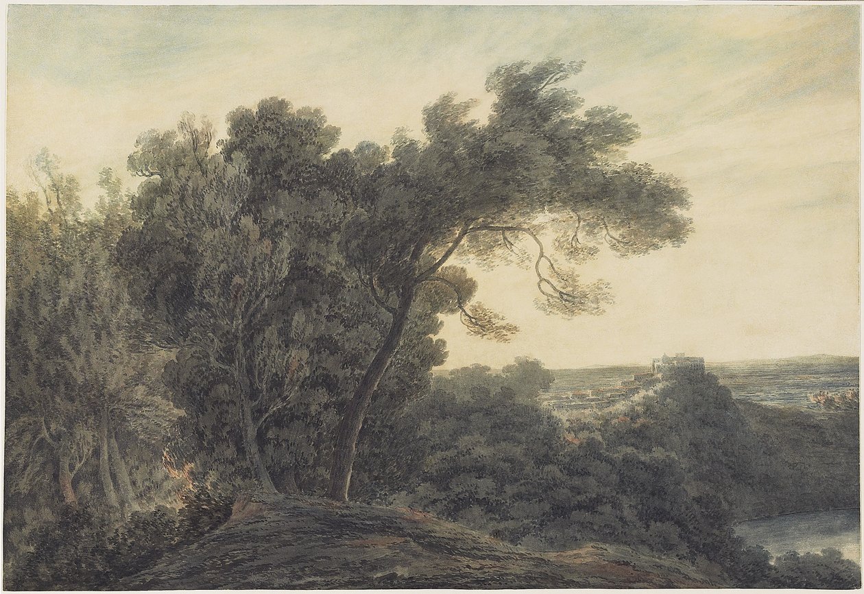 O Lago de Albano e Castel Gandolfo, c.1778 (wc sobre grafite em papel de palha) de John Robert Cozens