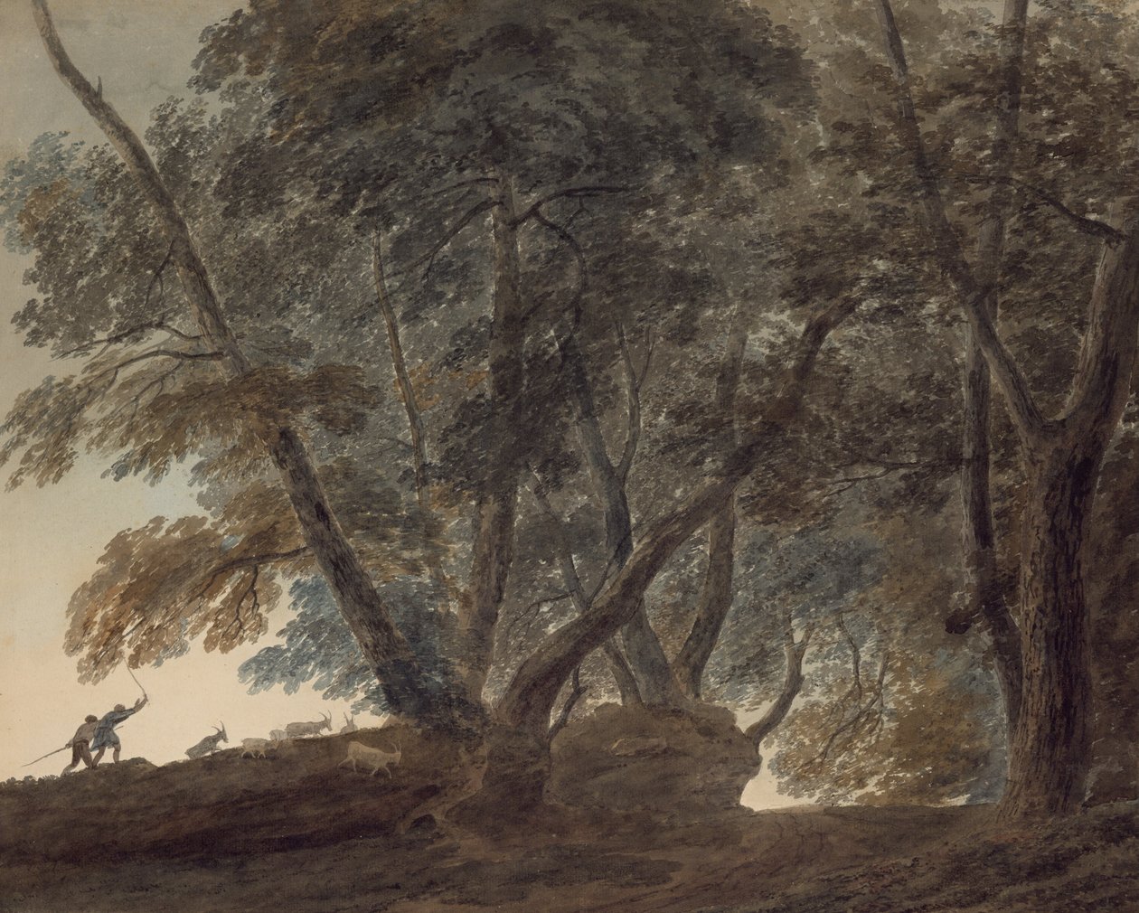 O pastor de cabras- Vista na Galleria di Sopra acima do lago de Albano de John Robert Cozens