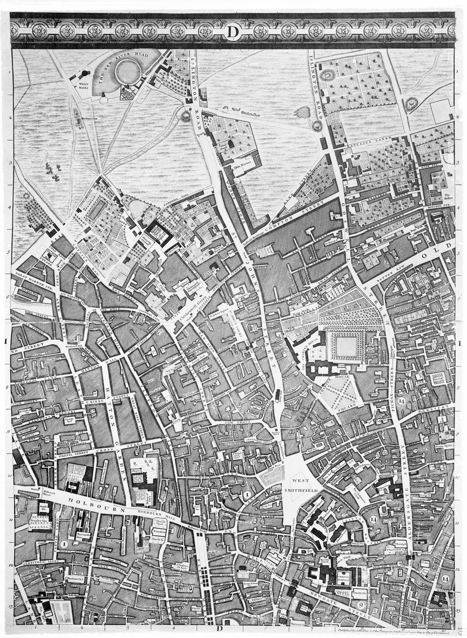 Um mapa de Clerkenwell, cidade de Londres, 1746 de John Rocque