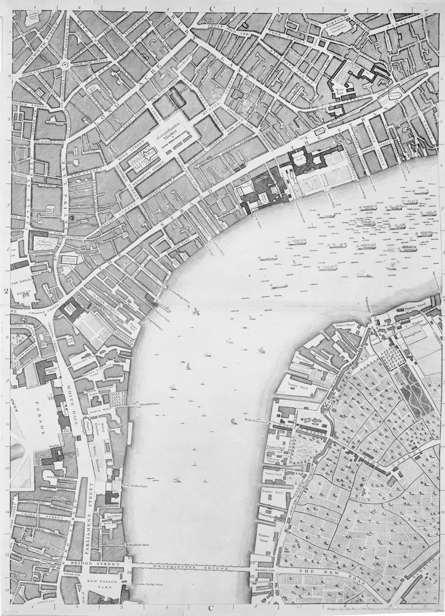 Um mapa de Covent Garden e Westminster, Londres, 1746 de John Rocque