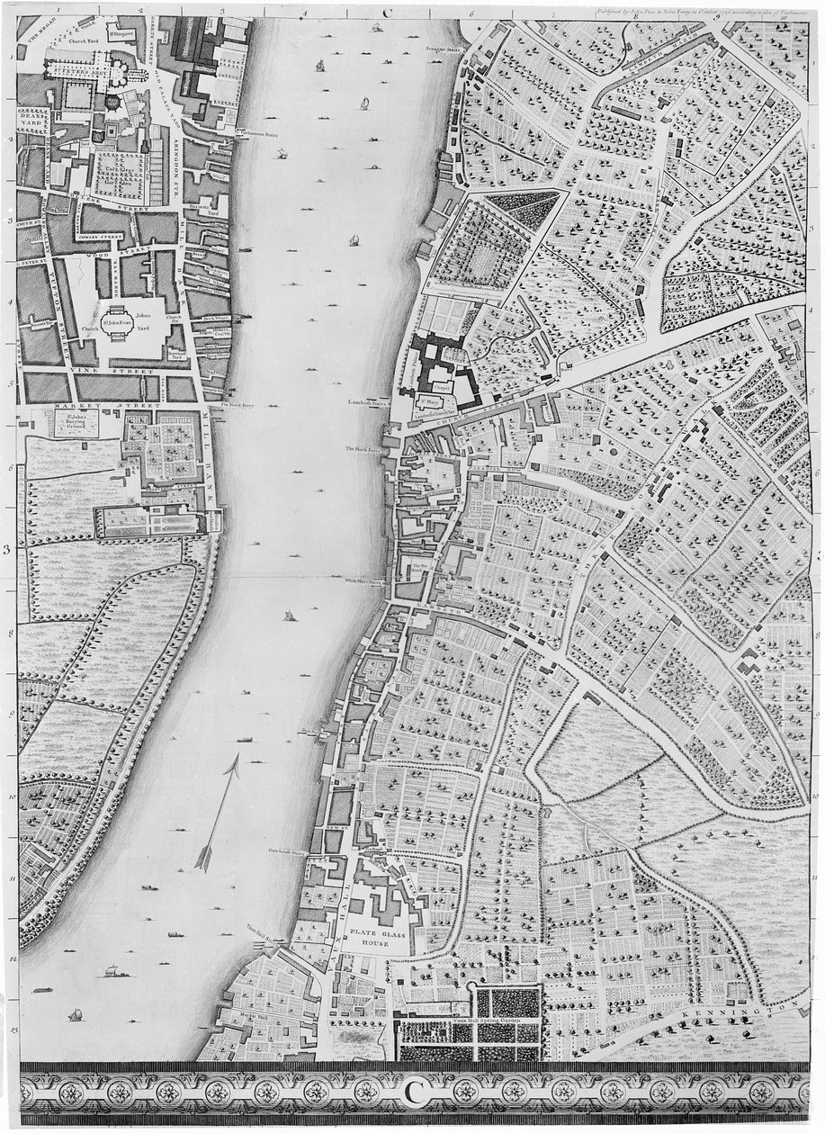 Um mapa de Lambeth e Vauxhall, Londres, 1746 de John Rocque