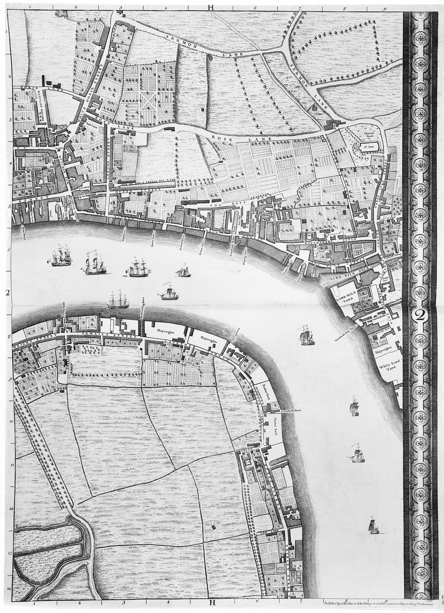 Um mapa de Limehouse e Rotherhithe, Londres, 1746 de John Rocque