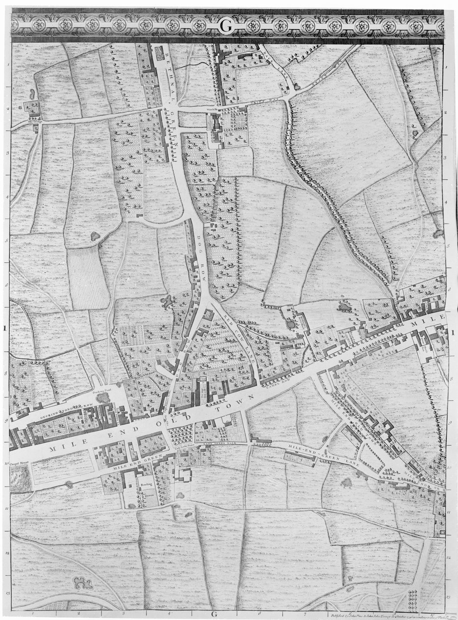 Um mapa de Mile End, Londres, 1746 de John Rocque