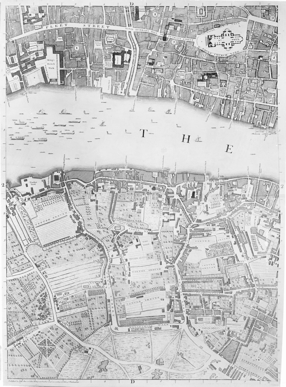 Um mapa de St Pauls e Bankside, Londres, 1746 de John Rocque