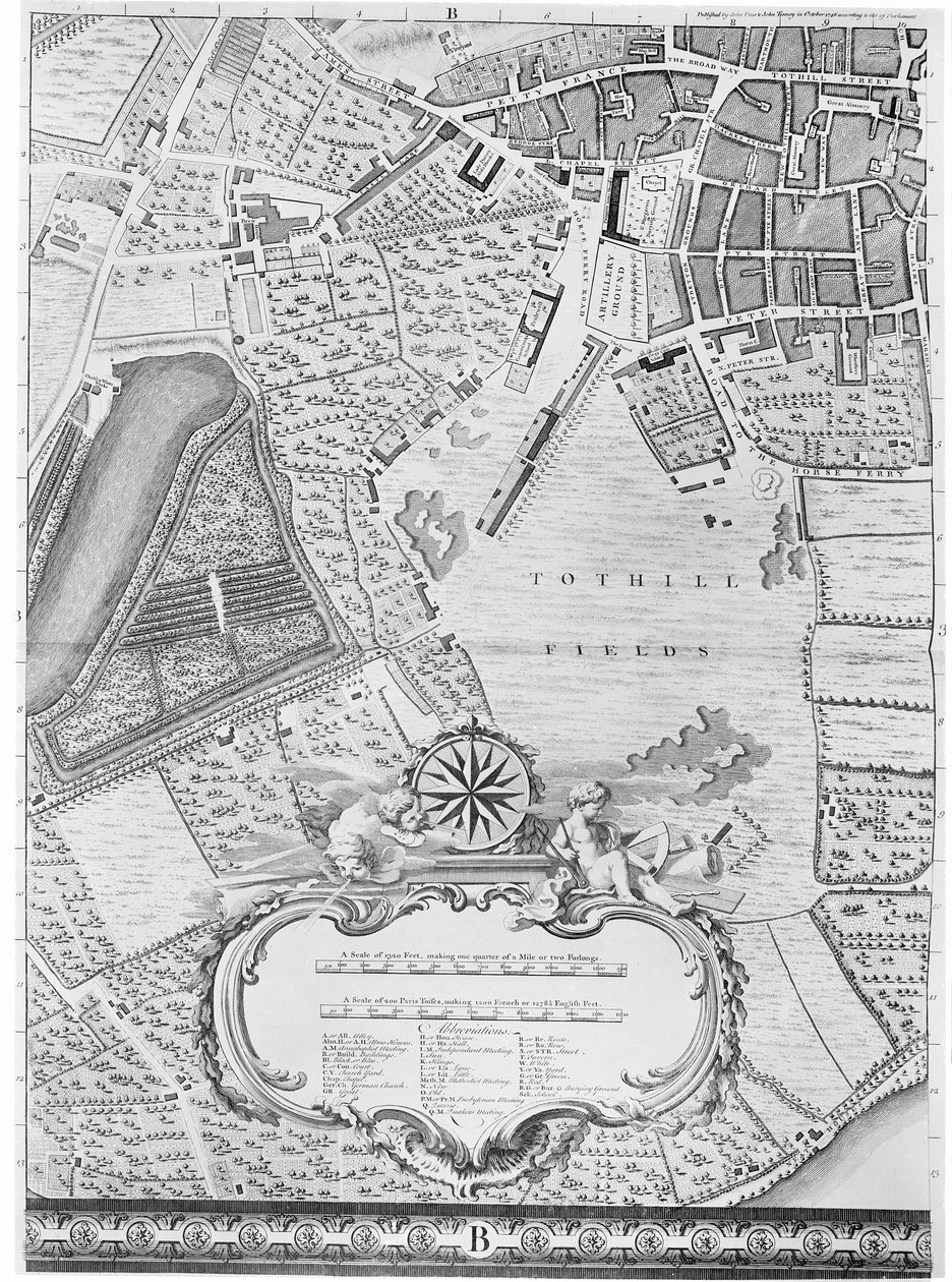 Um mapa de Tothill Fields, Londres, 1746 de John Rocque