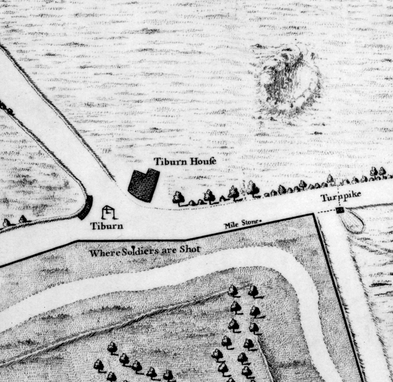 Um mapa de Tyburn, 1746 (gravura) (detalhe de 438496) de John Rocque