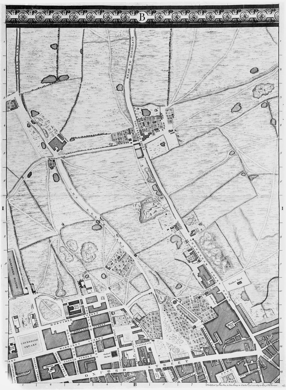 Um mapa do West End e Soho, Londres, 1746 de John Rocque