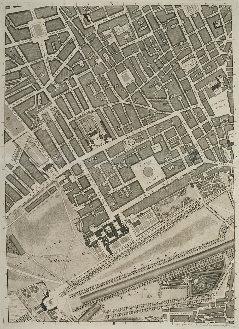 Plano das cidades de Londres e Westminster e Borough of Southwark, gravado por John Tinney, pub. 1746 de John Rocque