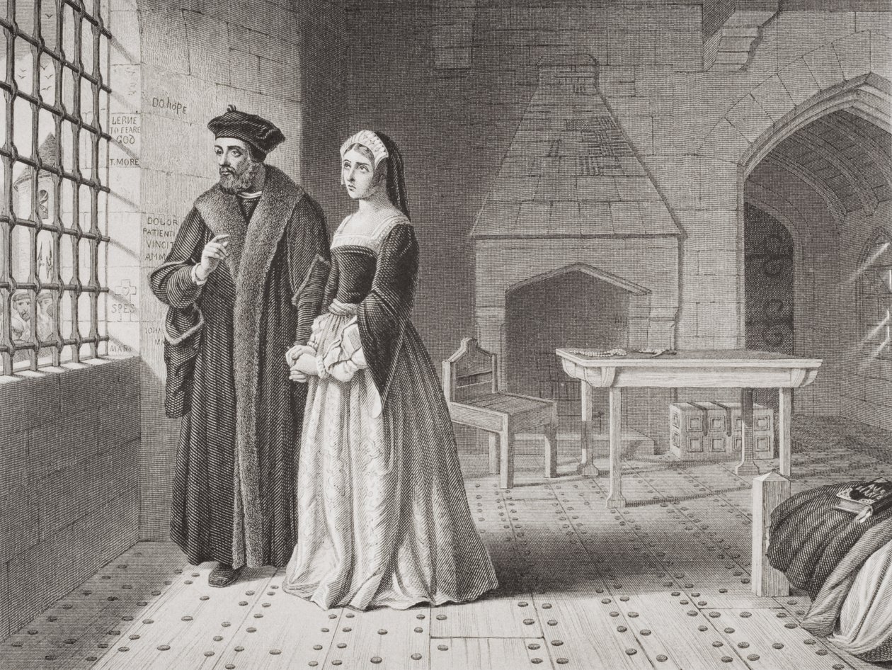 Sir Thomas More (1477-1535) e sua filha Margaret, observando monges indo para a execução de sua janela da prisão, de "Ilustrações da História Escocesa e Inglês" Volume I de John Rogers Herbert