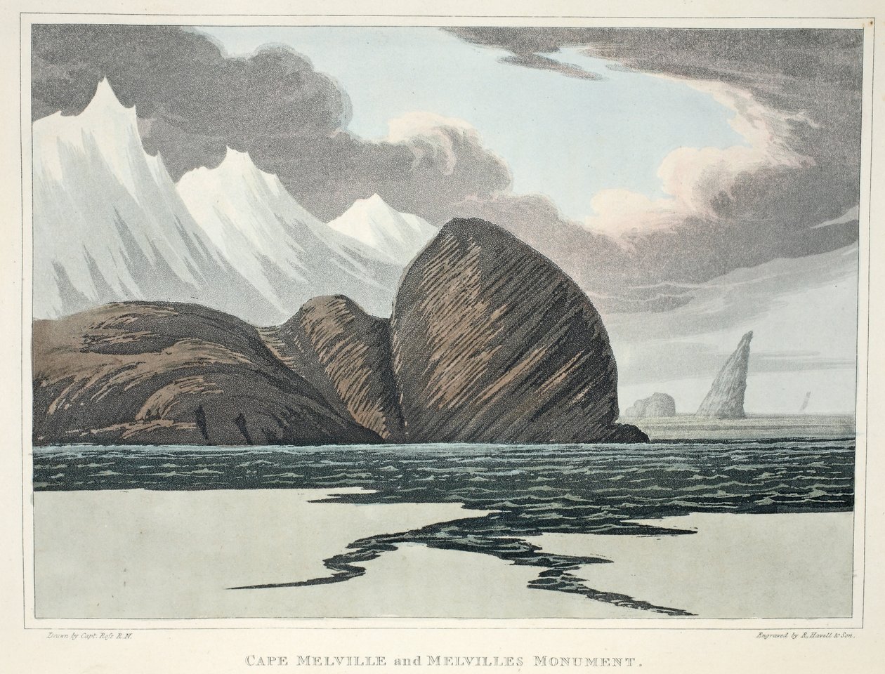 Cape Melville e Melvilles Monument, ilustração de &39;Uma viagem de descoberta ...&39;, 1819 (gravura colorida à mão) de John Ross