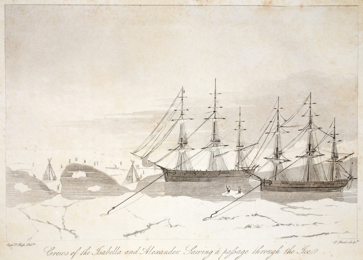 Tripulações da Isabella e Alexander, vendo uma passagem através do gelo, ilustração de &39;A Voyage of discovery ...&39;, 1819 de John Ross