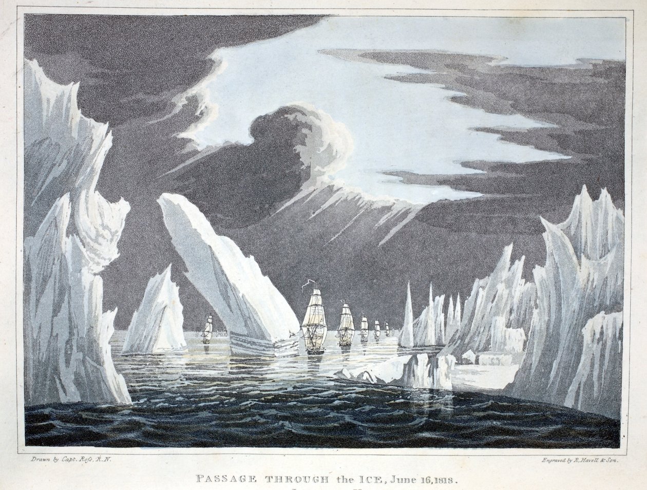 Passagem pelo gelo, 16 de junho de 1818, ilustração de &39;A Voyage of discovery ...&39;, 1819 de John Ross