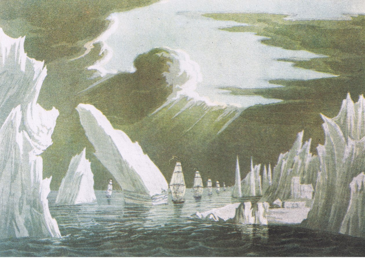 Passagem pelo gelo, junho de 1818 Sir John Rosss Viagem do Descobrimento 1819, da British Adventure, publicado por Collins, 1947 de John Ross