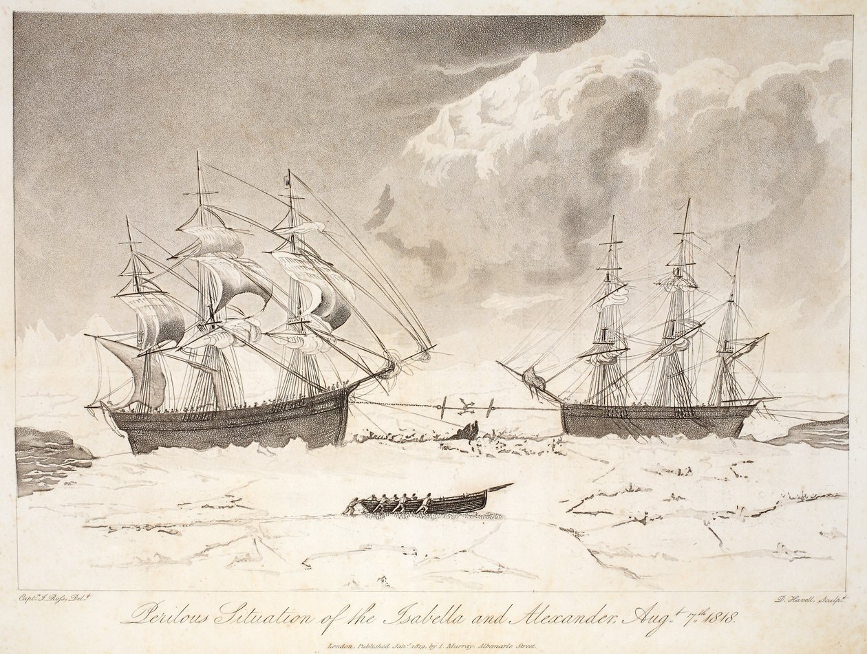 Situação perigosa da Isabella e Alexander, 7 de agosto de 1818, ilustração de "A Voyage of discovery ...", 1819 (gravura à mão) de John Ross