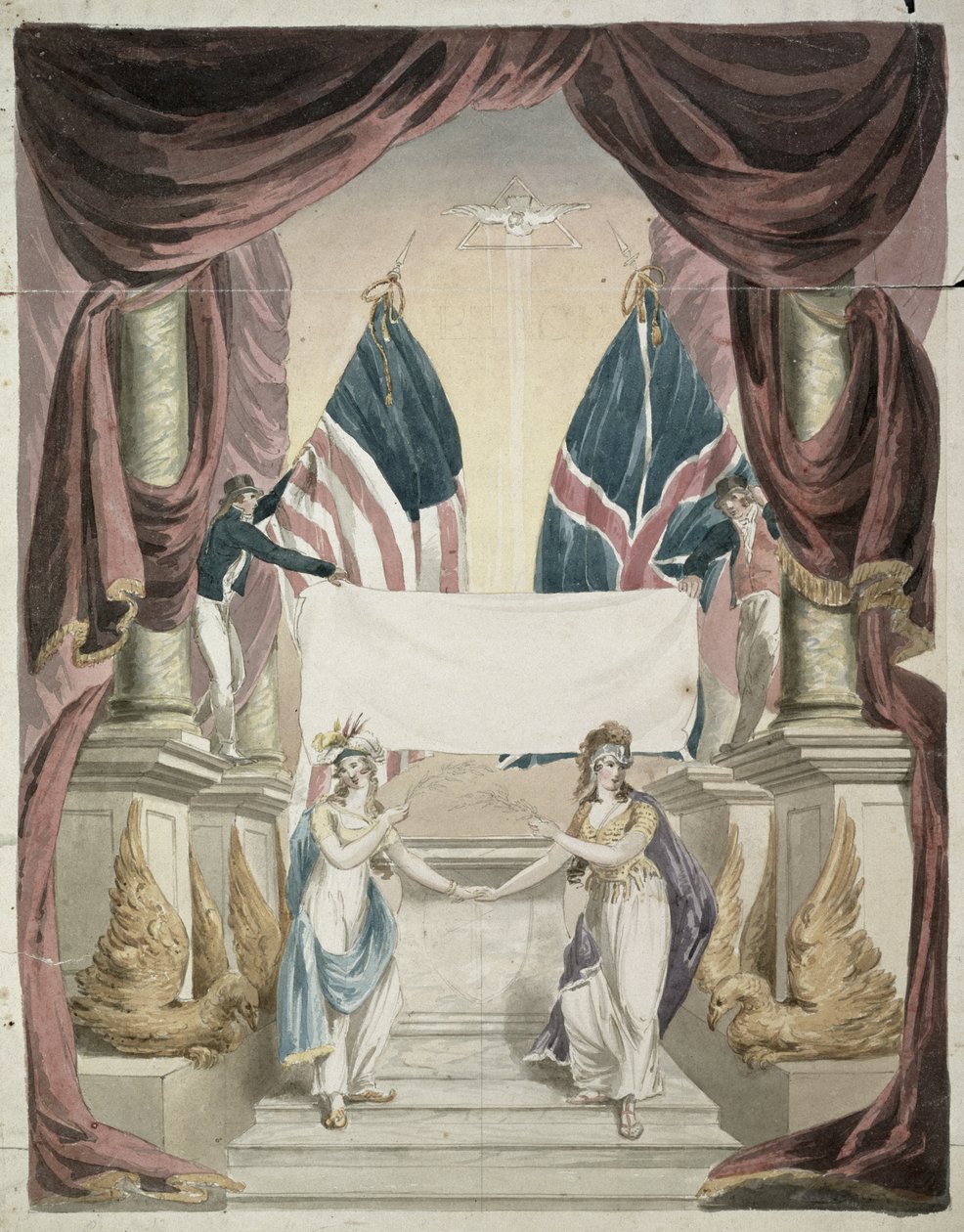 Paz, alegoria do Tratado de Ghent, assinado em 24 de dezembro de 1814, c.1814 (ink und wc on paper) de John Rubens Smith