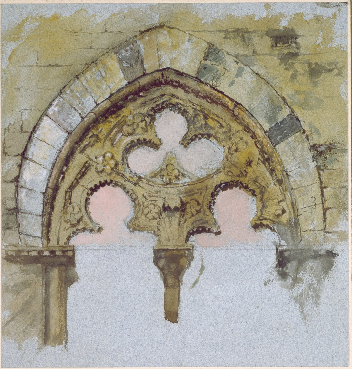 Uma janela do Palazzo Tolomei, Siena, mostrando a rude e assimétrica colocação de pedras maciças, 25 - 27 de junho de 1870 (aguarela e bodycolour sobre grafite em papel azul wove) de John Ruskin
