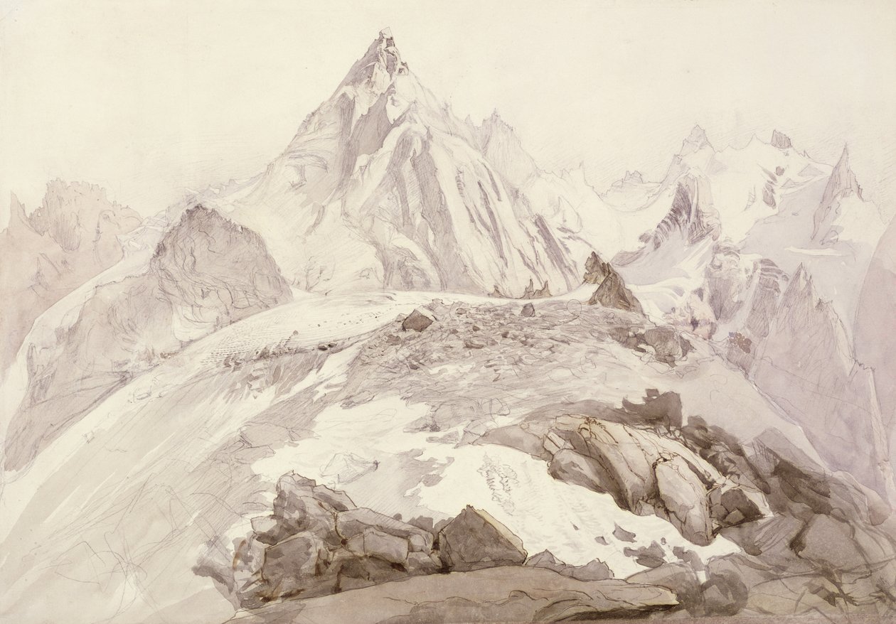 Aiguilles de Chamonix, c.1850 (lápis, caneta e tinta e lavar no cartão) de John Ruskin