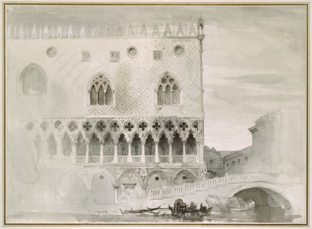 Exterior do Palácio Ducal, Veneza, século XIX (caneta, tinta e papel) de John Ruskin