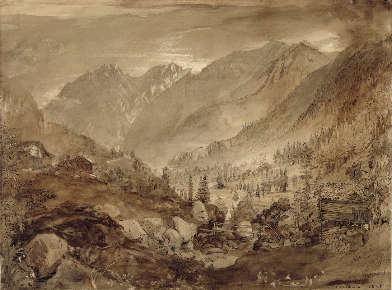 Paisagem montanhosa, Macugnaga, 1845 (caneta e tinta marrom e lava sobre lápis sobre papel) de John Ruskin