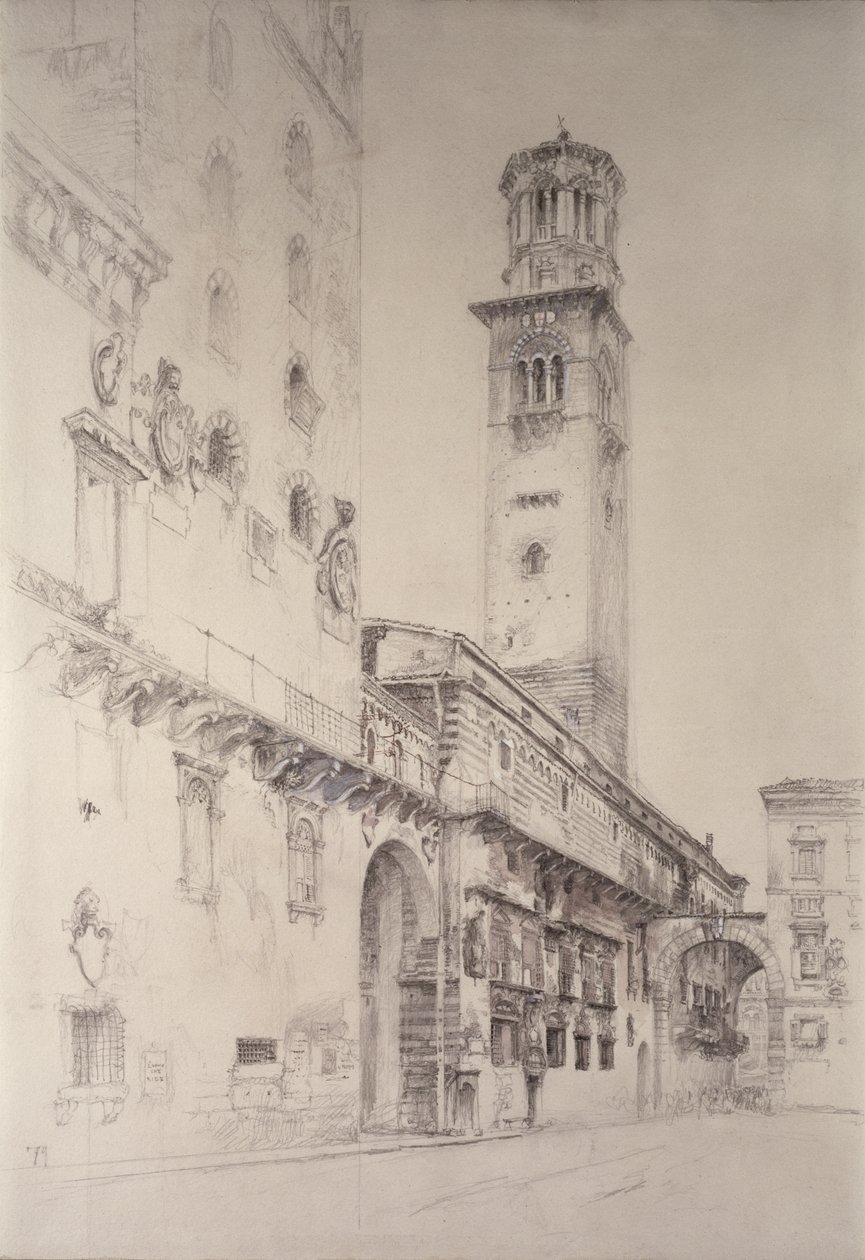 Piazza dei Signori, Verona, século XIX (lápis e wc no papel) de John Ruskin