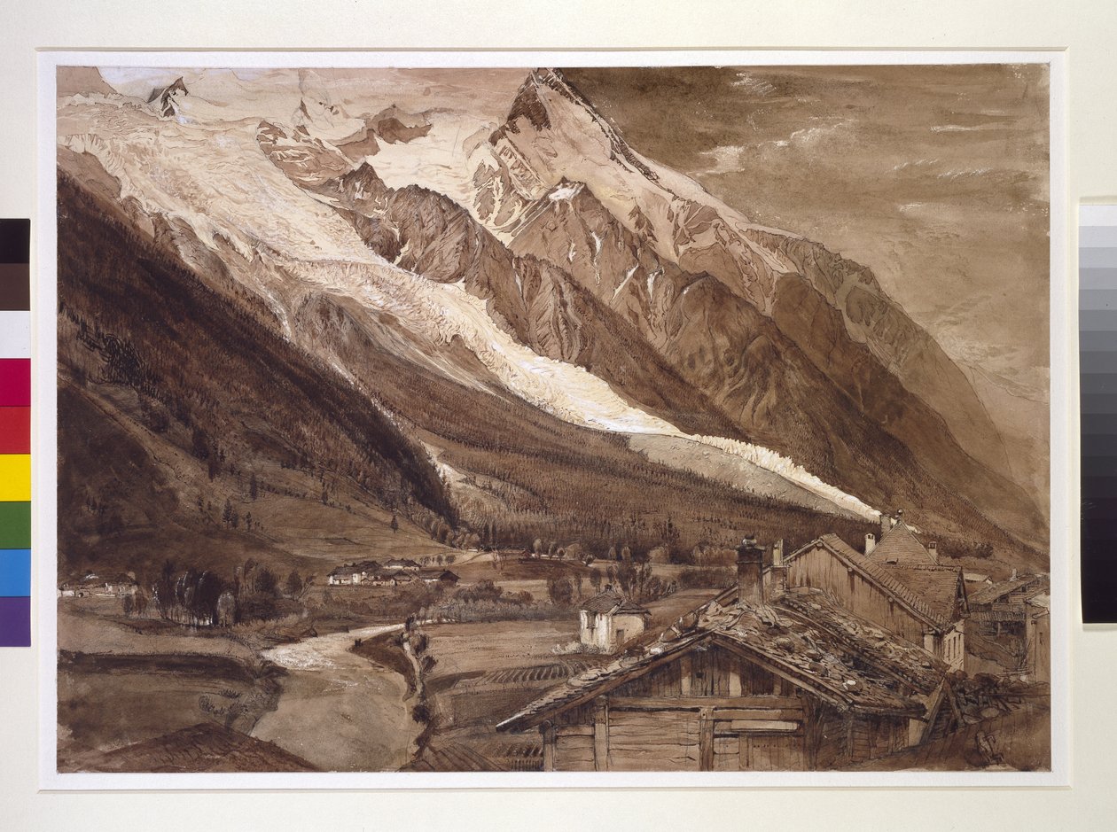 Recto: A Geleira dos Bossons, Chamonix, junho de 1849 (caneta e tinta em sépia, e bodycolour, sobre grafite em papel de seda) de John Ruskin