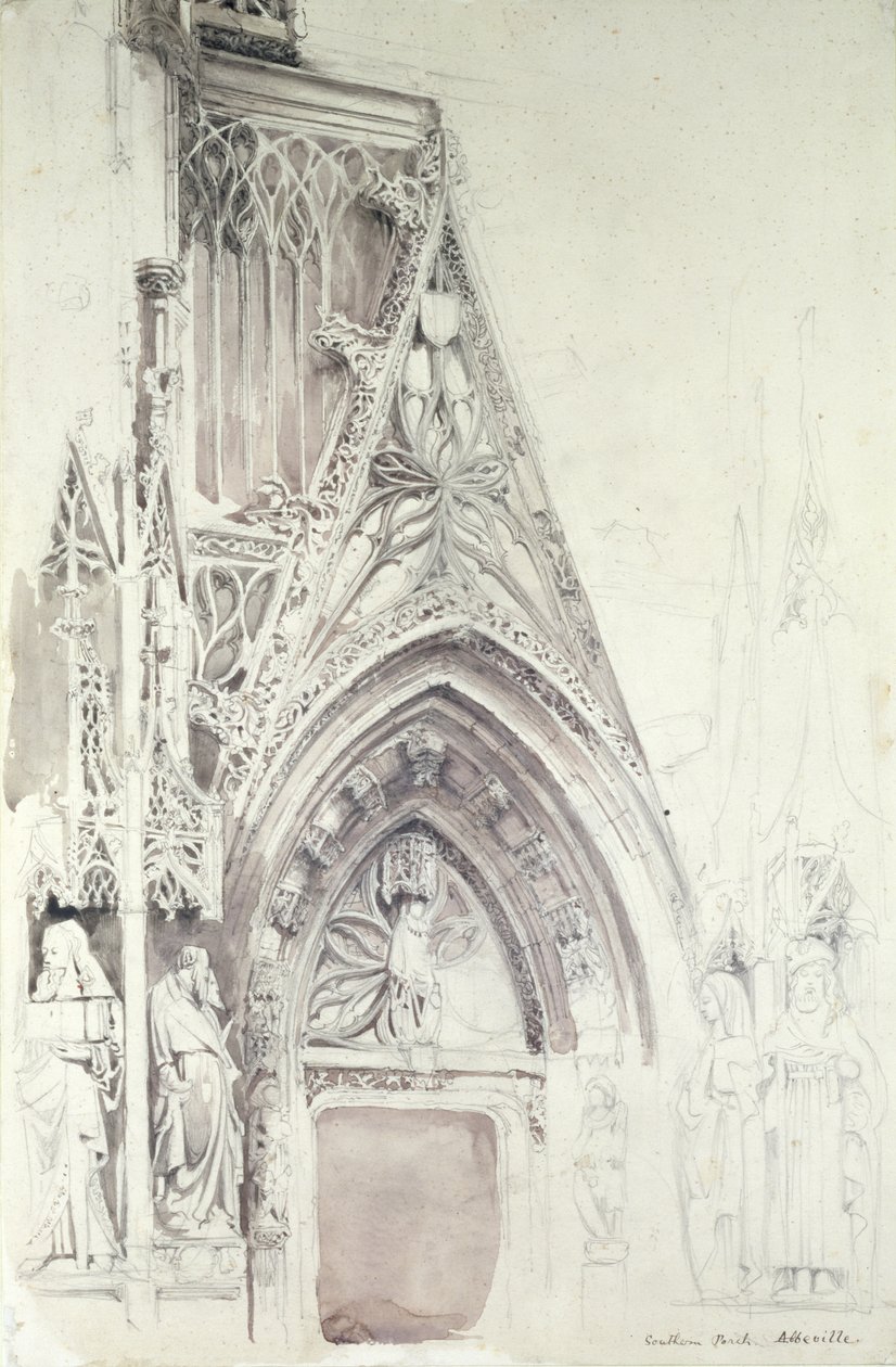 Sul da varanda de St. Vulfran, Abbeville, do século 19 (lápis, tinta e lavar no papel) de John Ruskin