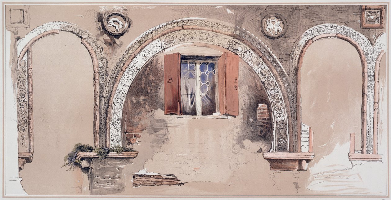 Arquivoltas Stilted, de uma ruína no Rio di Ca &39;Foscari, de "Exemplos da arquitetura de Veneza" por John Ruskin, gravado por G. Rosenthal, 1851 de John Ruskin