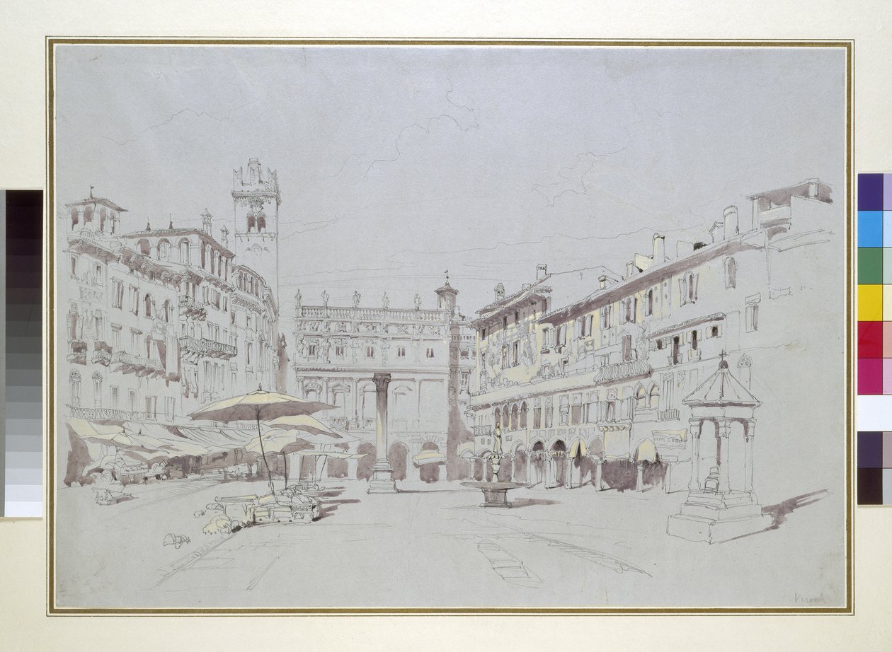 Estudo para o detalhe da Piazza delle Erbe, Verona, 19 de maio de 1841 Grafite com aquarela e bodycolour no papel cinza de John Ruskin