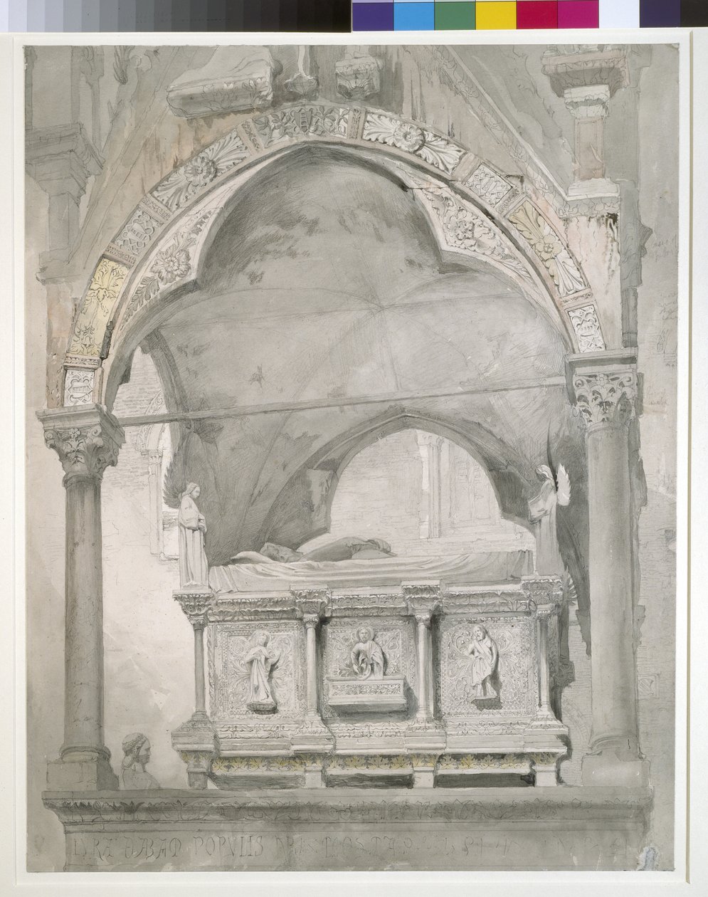 Estudo para detalhe do sarcófago e dossel do túmulo de Mastino II della Scala em Verona, 1852 grafite e aquarela sobre papel de tufo de John Ruskin