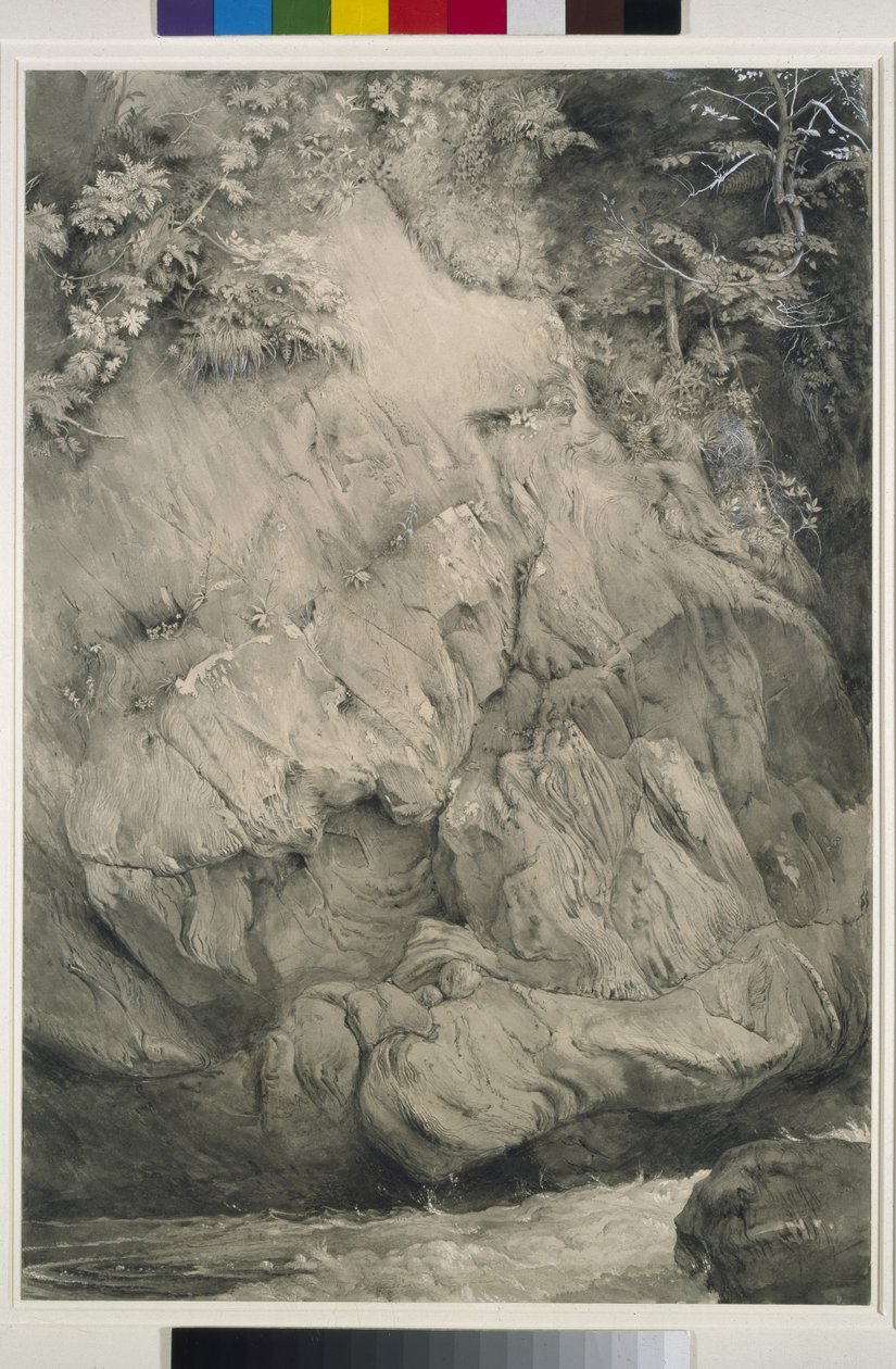 Estudo de Gneiss Rock, Glenfinlas, 1853-54 (caneta, lavagem e guache sobre papel) de John Ruskin