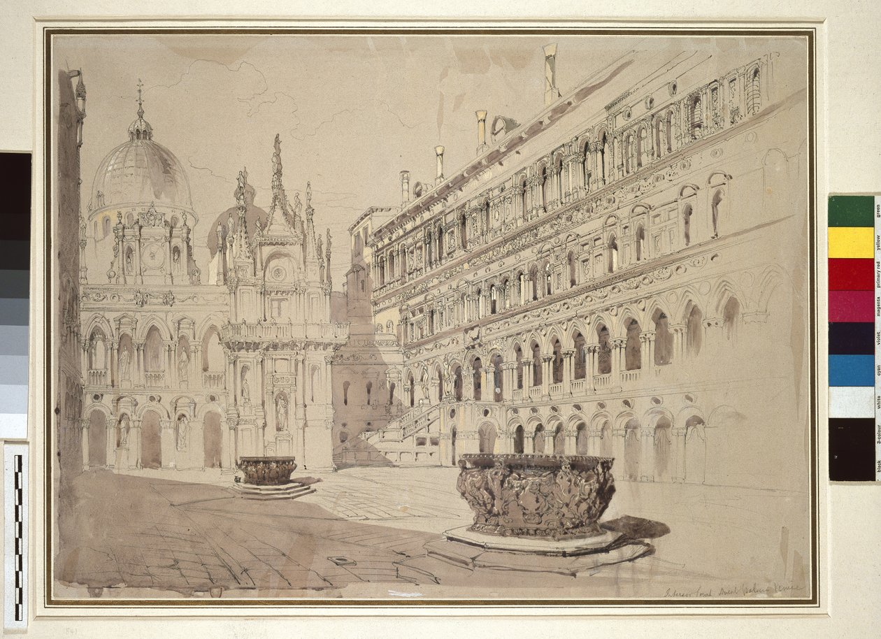 O Tribunal do Palácio Ducal, Veneza, maio de 1841 (grafite, aquarela, bodycolour e caneta e tinta em papel cinza claro) de John Ruskin