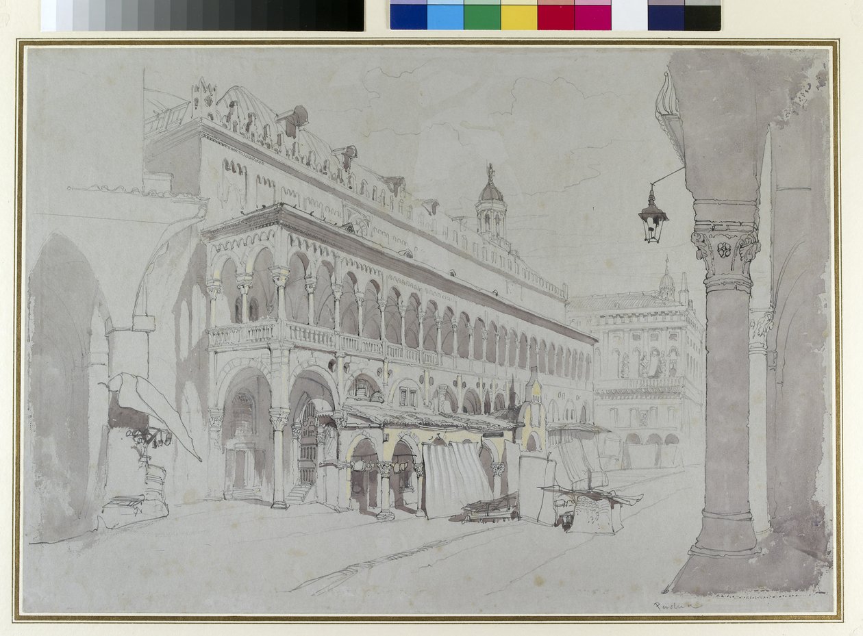 O Palazzo della Ragione e Piazza delle Erbe, Pádua, maio de 1841 (grafite, aquarela, bodycolour e caneta e tinta em papel cinza) de John Ruskin