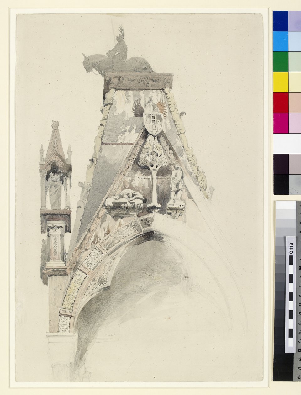 O túmulo de Mastino II, Santa Maria Antica, Verona, século XIX (lápis e wc sobre papel) de John Ruskin