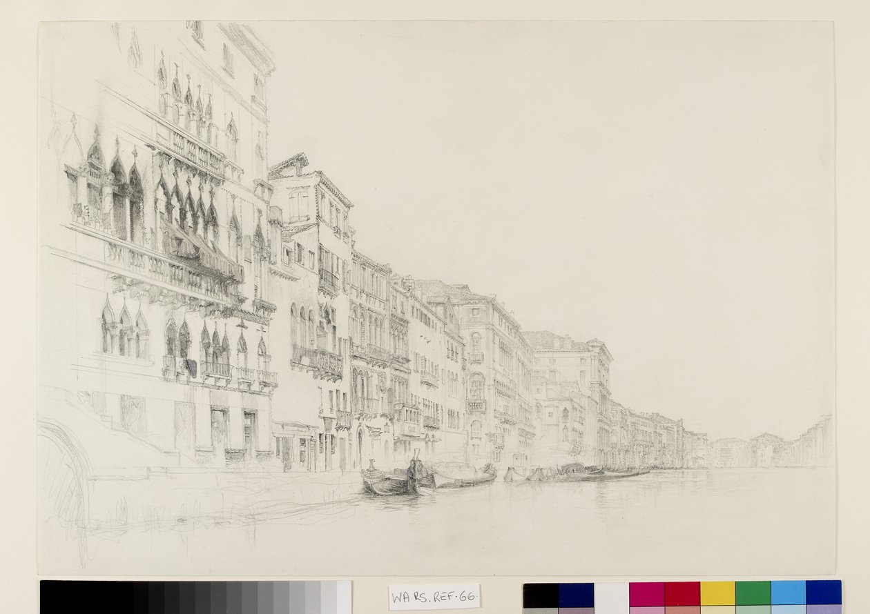 Vista do Palazzo Bembo ao Palazzo Grimani, Veneza, maio - junho de 1870 (grafite e aquarela sobre papel) de John Ruskin