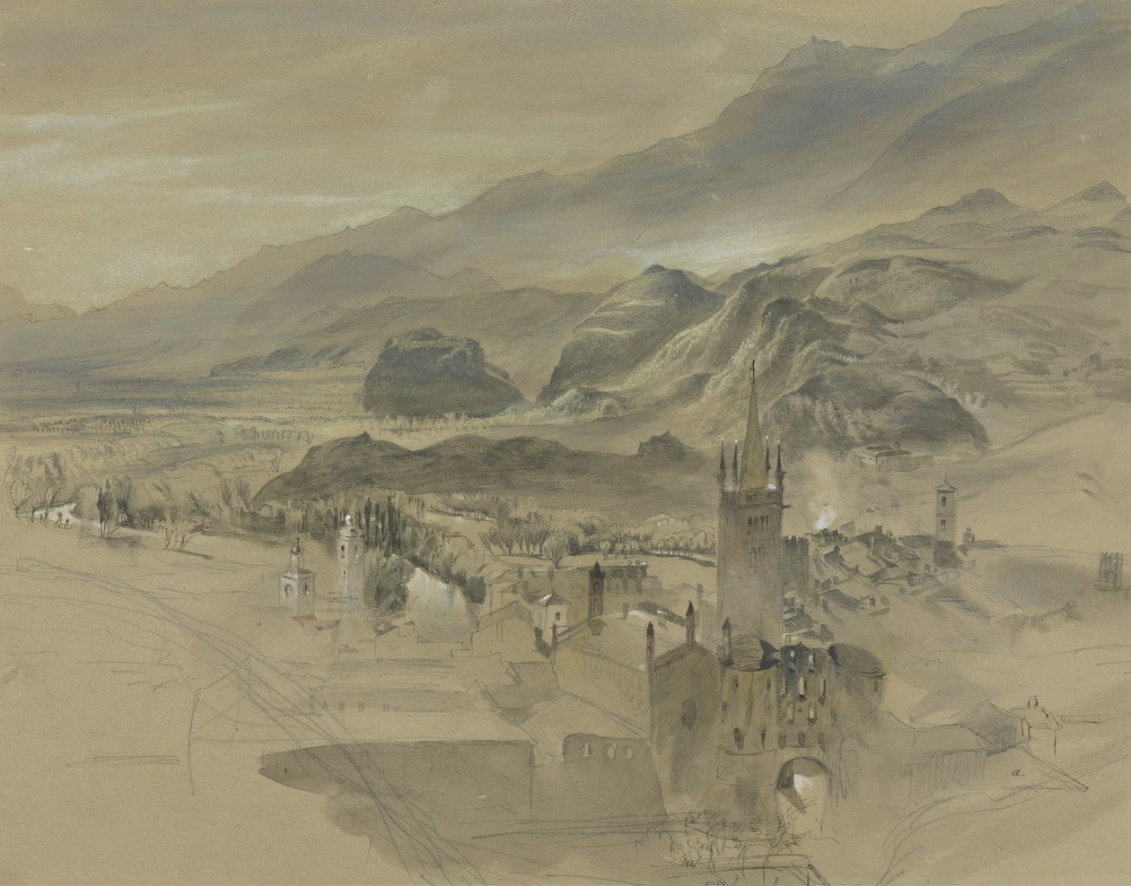 d Vista de Sion, Valais, do Chateau de Valere, c.1863 (wc e bodycolour sobre grafite sobre papel) de John Ruskin