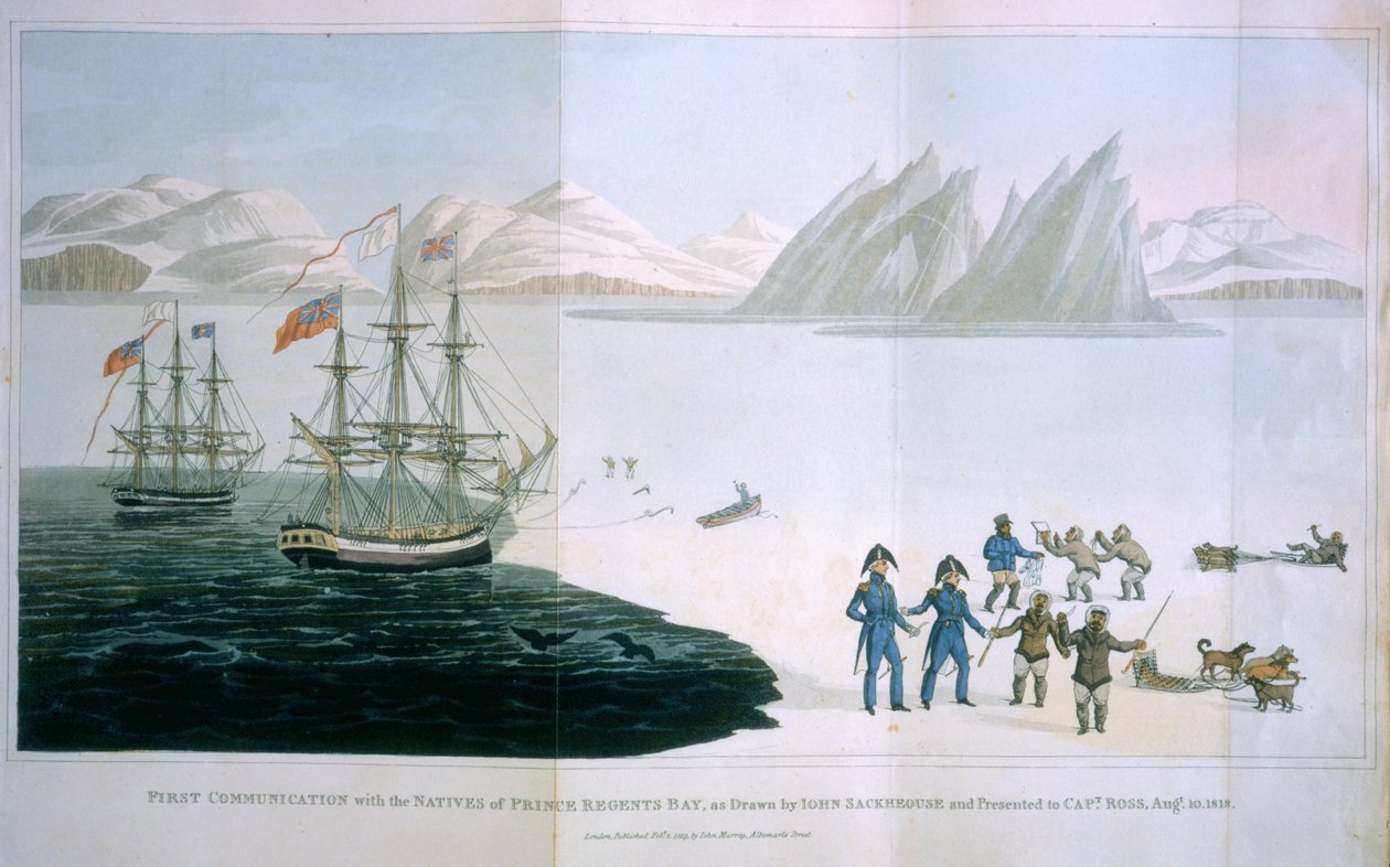 Primeira comunicação com os nativos de Prince Regents Bay, 10 de agosto de 1818, publicada por John Murray, Londres, 1819 de John Sackhouse