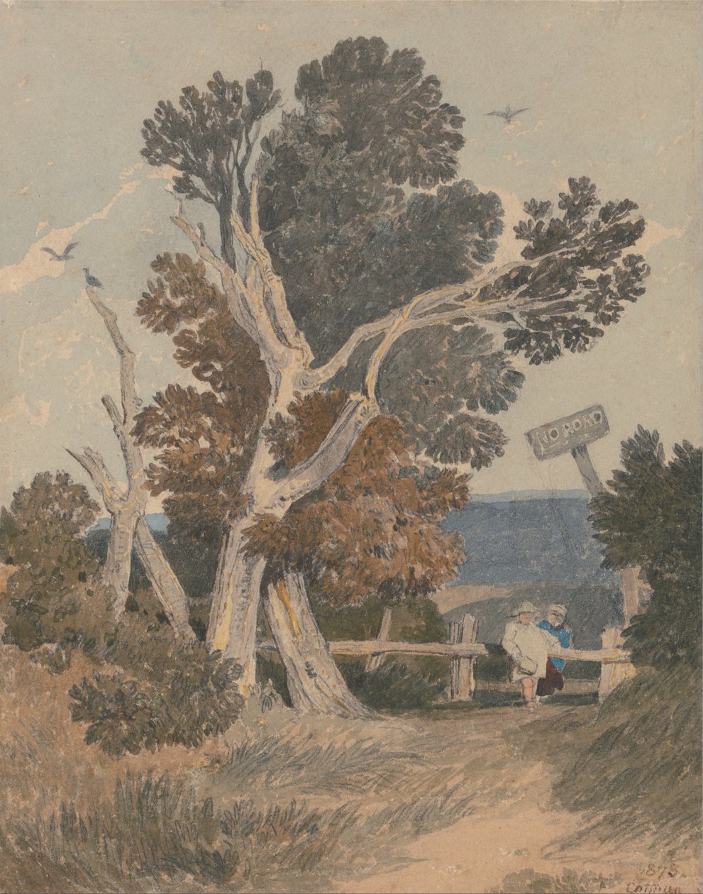 Um grupo de árvores por uma cerca de John Sell Cotman