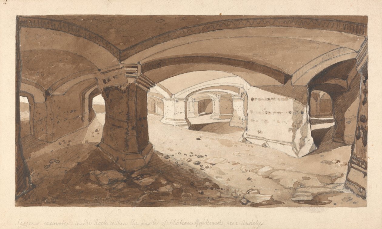 Cavernas escavadas na rocha dentro do castelo de Chateau Gaillard, perto de Andelys, na Normandia de John Sell Cotman