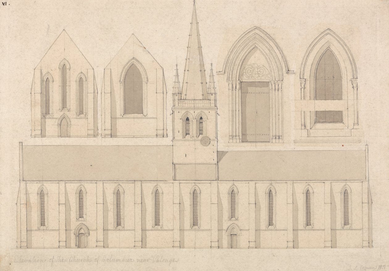 Elevação da Igreja de Columbiers, perto de Valognes, Normandia de John Sell Cotman
