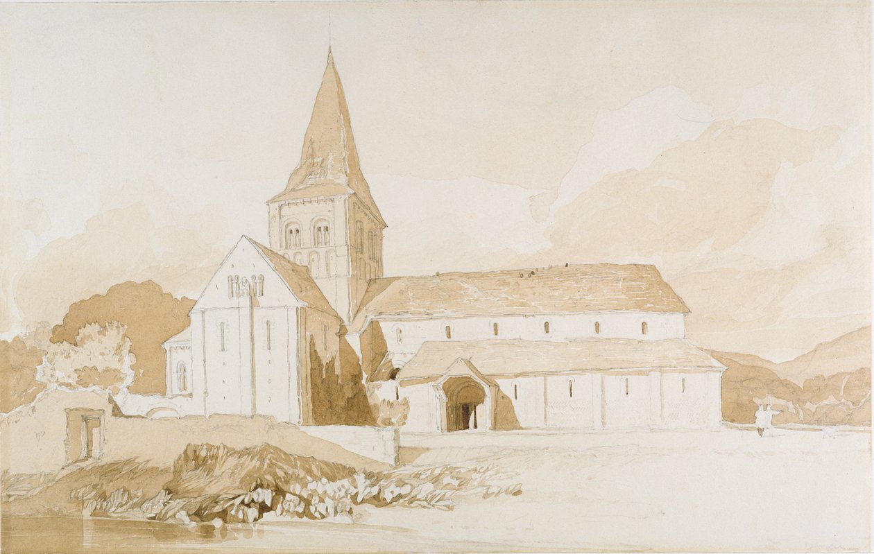 Notre Dame na água, Domfront, Normandia, c.1820 (lavagem marrom e grafite sobre papel) de John Sell Cotman