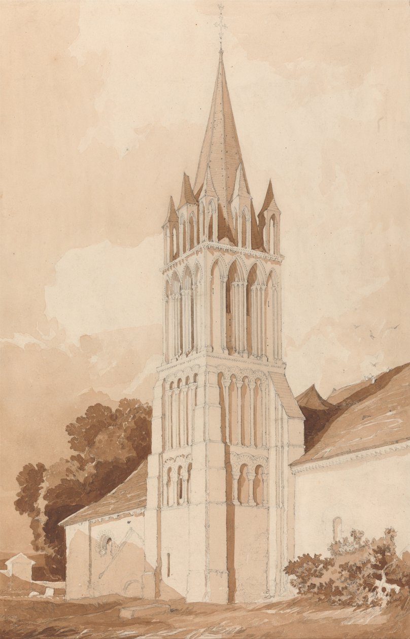 Vista Sudeste da Igreja de Ifs, perto de Caen, na Normandia de John Sell Cotman