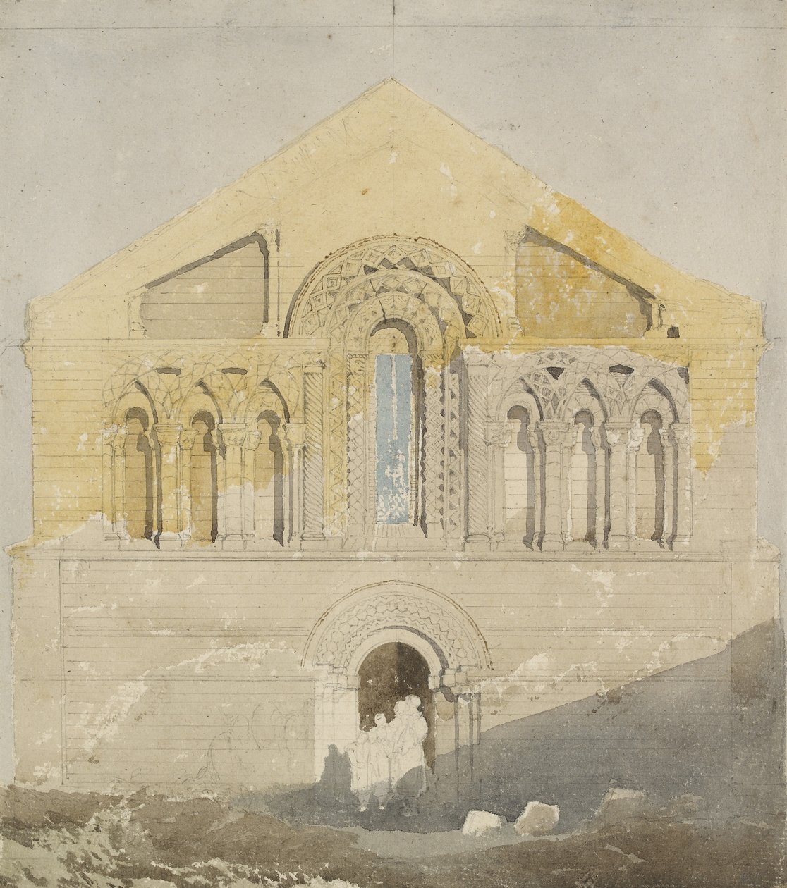 Frente oeste da igreja em ascensão do castelo, Norfolk (aquarela com grafite) de John Sell Cotman