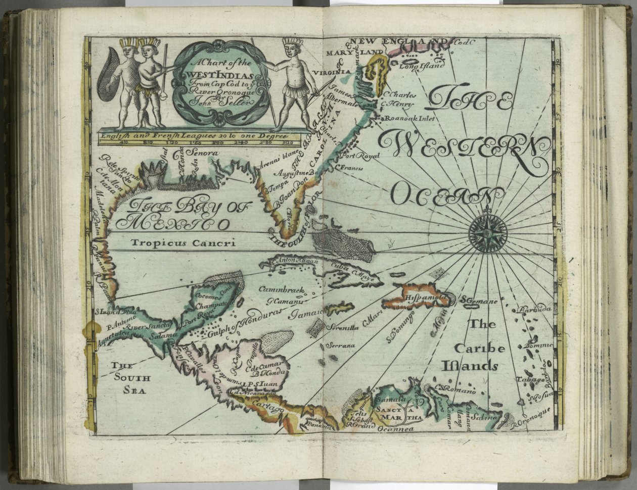 Um mapa das Índias Ocidentais, de Cape Cod ao Rio Oronoque, do Atlas maritimus de John Seller, 1682 (gravura colorida à mão) de John Seller