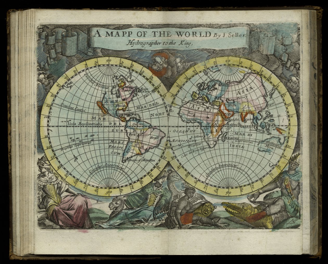 Um mapa do mundo de Atlas maritimus por John Seller, 1682 (gravura colorida à mão) de John Seller