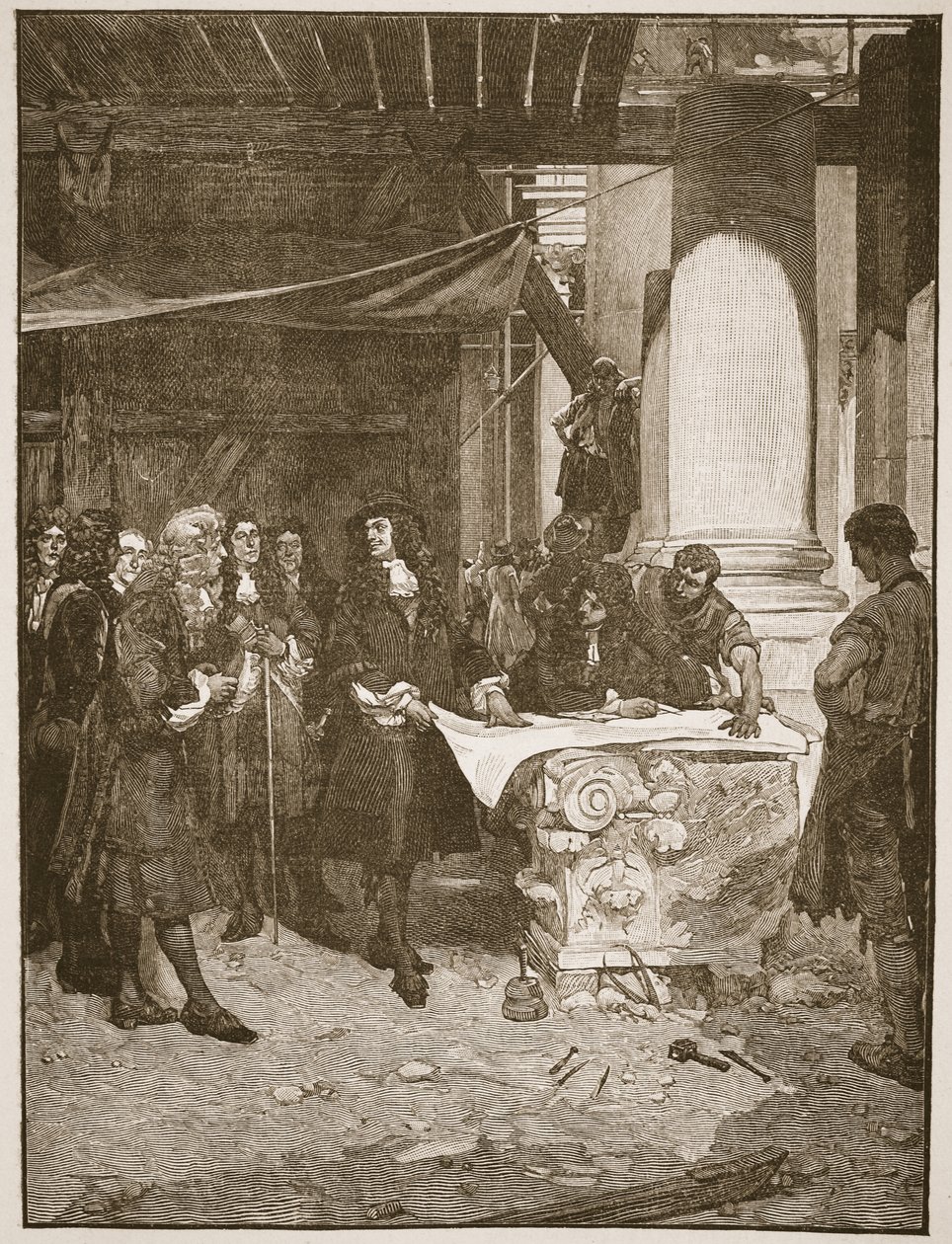 Charles II visitando Wren durante a construção de St. Paul, ilustração de "A Igreja da Inglaterra: uma história para o povo" por HDM Spence-Jones, pub. c.1910 (foto sépia) de John Seymour Lucas