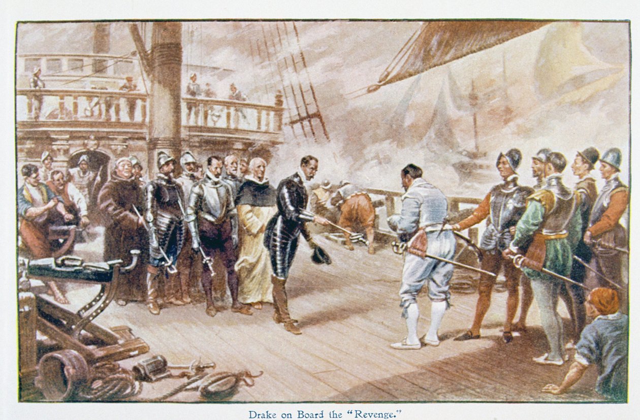 Sir Francis Drake (c.1540-96) a bordo da "Vingança", ilustração de "Vidas dos Grandes Homens Contados por Grandes Homens", editado por Richard Wilson, em 1920 de John Seymour Lucas