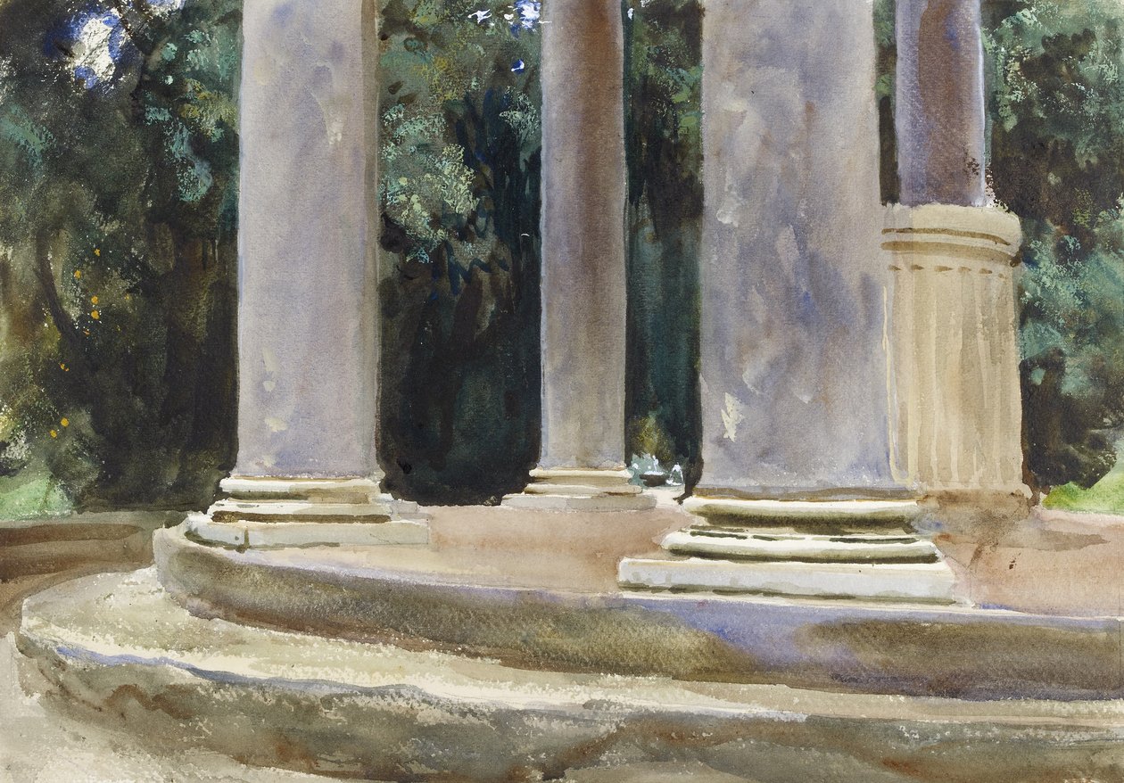 Uma vista entre as colunas de um Tempietto (aquarela e toques de bodycolour sobre indicações em grafite em papel áspero) de John Singer Sargent