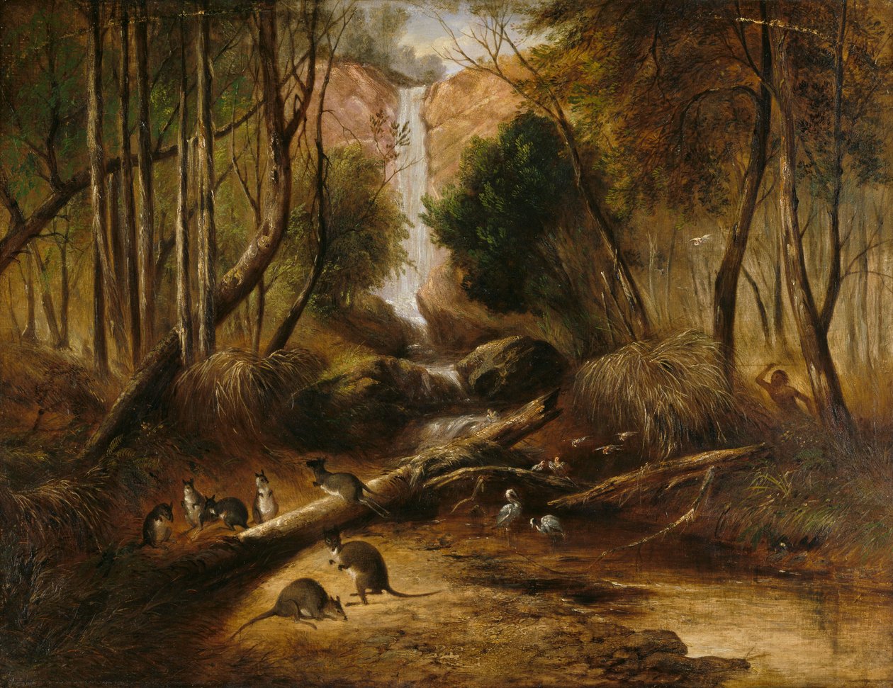 (Paisagem de Bush com cachoeira e um aborígene perseguindo animais nativos, New South Wales) de John Skinner Prout